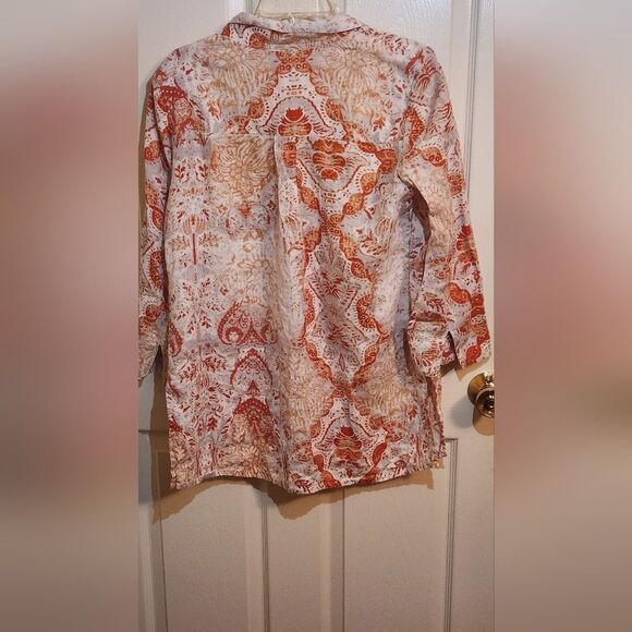 Chico's 1/M Orange White Paisley Print 100% LINEN 3/4 Slv 1/2 Button Women's Top - Picture 12 of 12